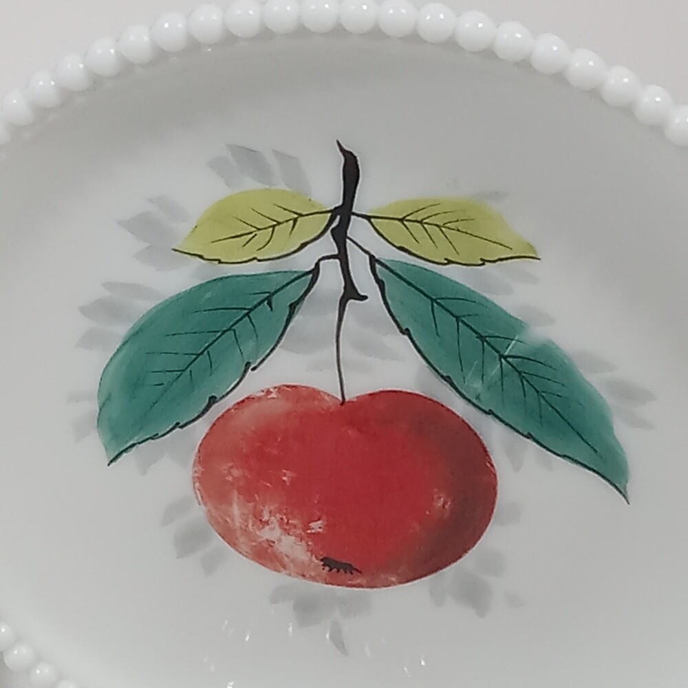 White Milk Glass Painted Fruit Decorative Beaded Plates 7 in  PEAR APPLE - Picture 3 of 7